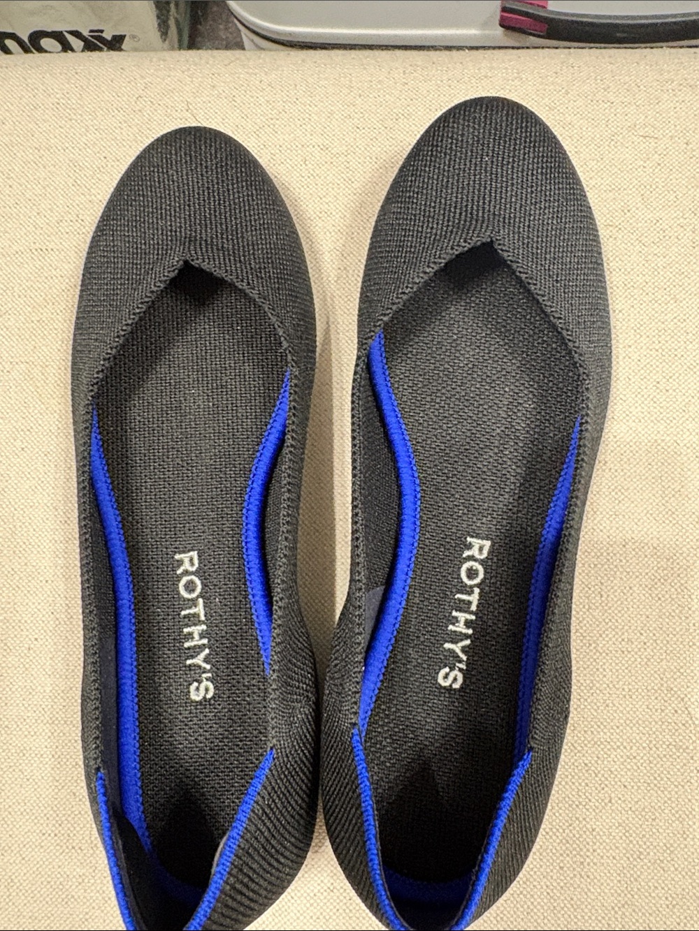 Rothy's Black Knit Ballet Flats with Cobalt Trim